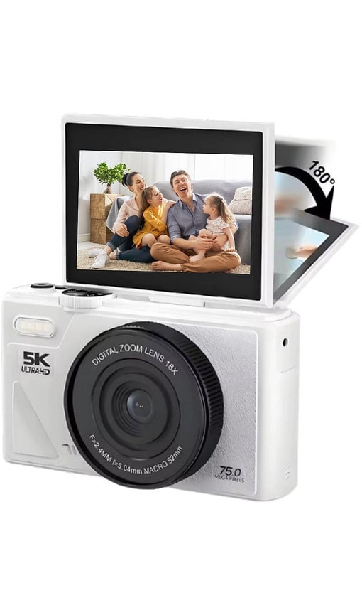 YECO 5K 75MP 18X Zoom Flaşlı MP4 Video Türkçe Menü Vlog Dijital Kamera Beyaz