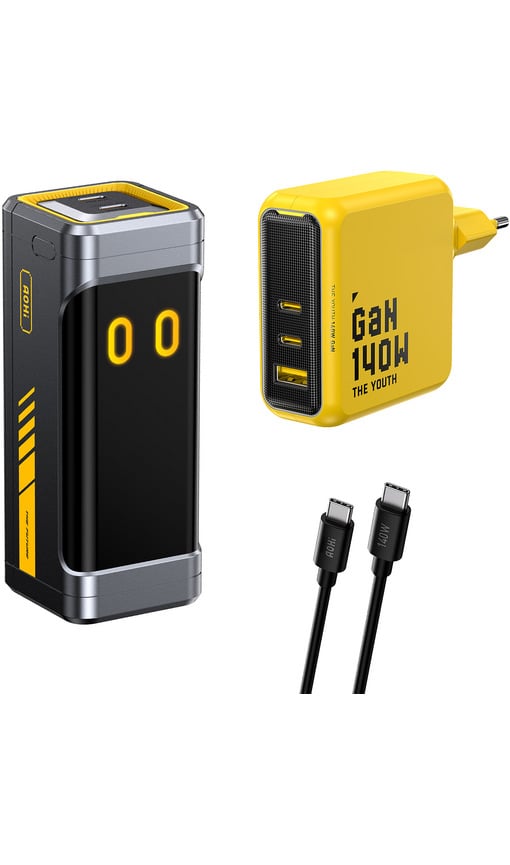 AOHI Starship Youth 3 Portlu GaN 140W Şarj Adaptörü Seti ve 210W 10000 mAh Powerbank Siyah