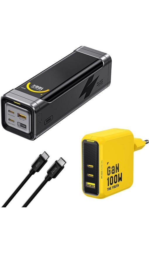 AOHI Black Warrior Youth 3 Portlu GaN 100W Şarj Adaptörü Seti ve 170W 25200 mAh Powerbank Siyah