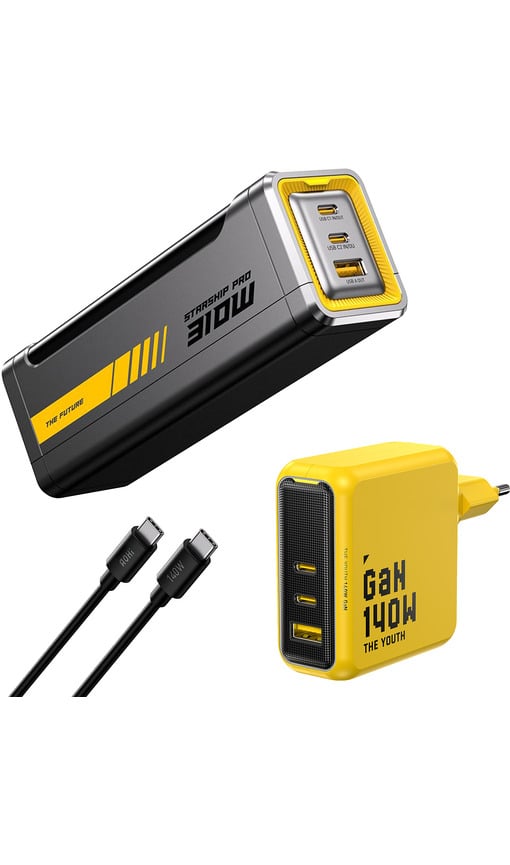 AOHI Starship Youth 3 Portlu GaN 140W Şarj Adaptörü Seti ve 310W 20000 mAh Powerbank Siyah
