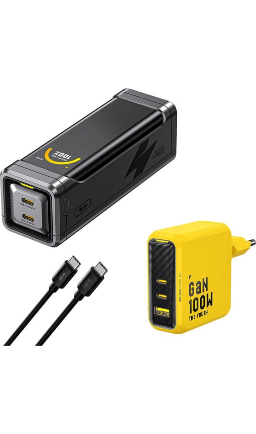AOHI The Black Warrior Youth 100W 3 Portlu GaN Şarj Adaptörü Seti ve 65W 10000 mAh Powerbank Siyah