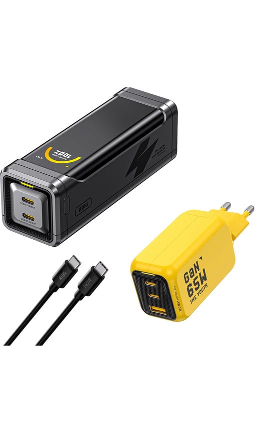AOHI The Black Warrior Youth 65W 3 Portlu GaN Şarj Adaptörü Seti ve 65W 10000 mAh Powerbank Siyah