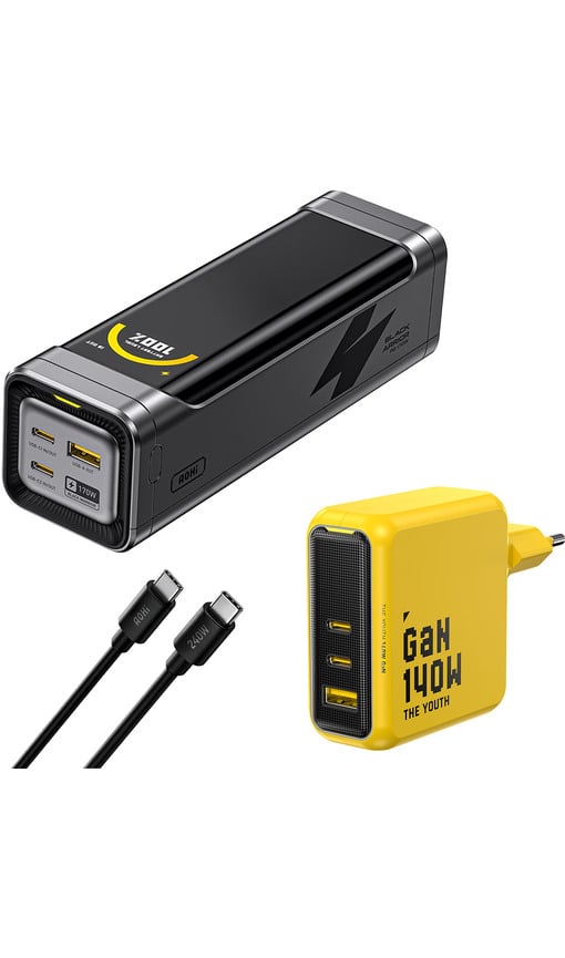 AOHI Black Warrior Youth 3 Portlu GaN 140W Şarj Adaptörü Seti ve 170W 25200 mAh Powerbank Siyah