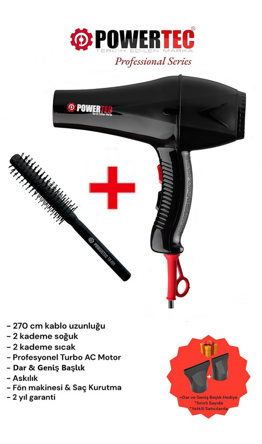 POWERTEC Berber Fön Fırçası + TR-901 Turbo Profosyonel 2500 W Saç Kurutma Makinesi Siyah